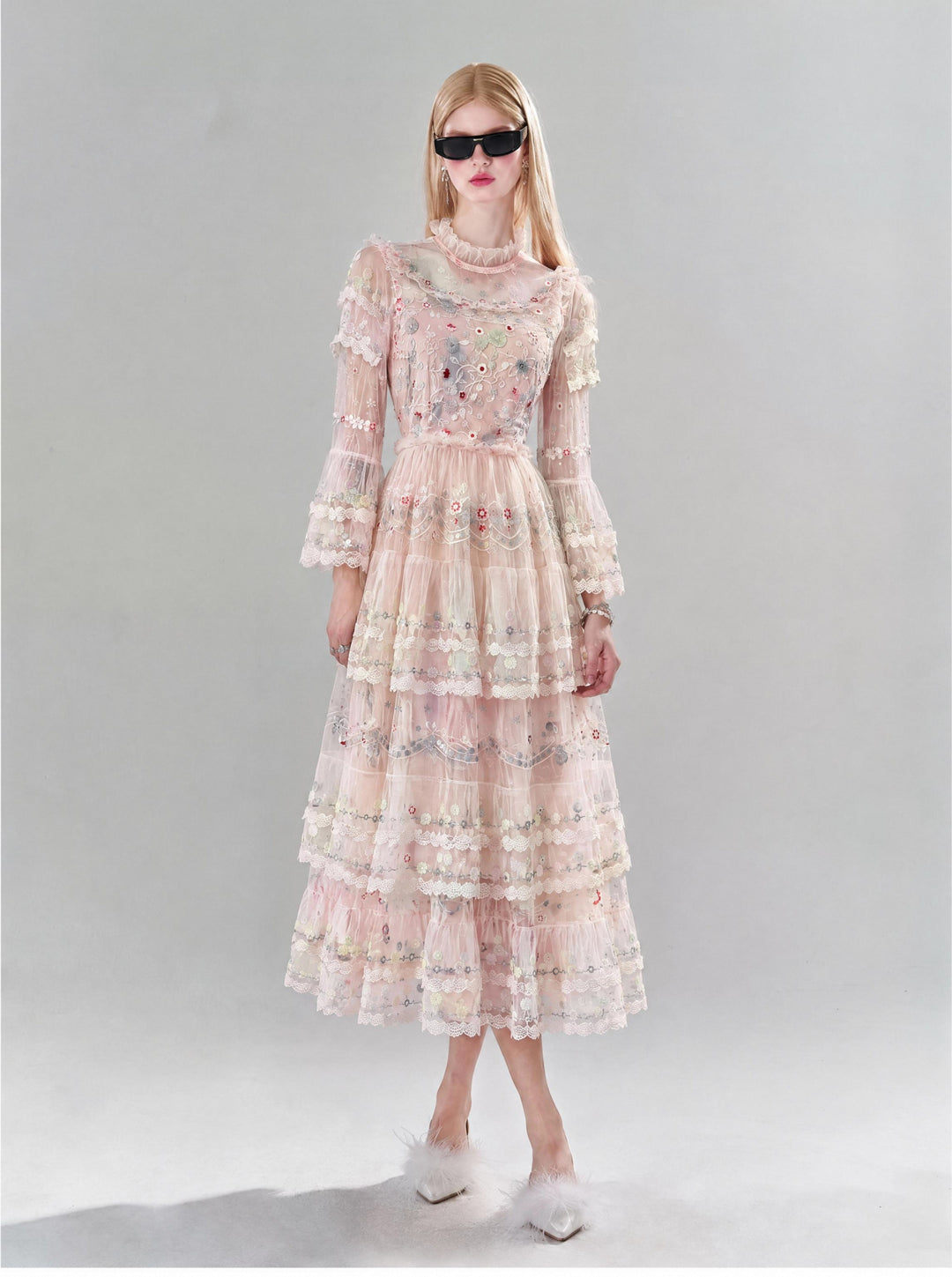 【Spring Letter】Women Floral Embroidery Mesh Long Dress, Flare Sleeve Tiered Party Gown S014