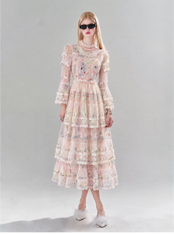 【Spring Letter】Women Floral Embroidery Mesh Long Dress, Flare Sleeve Tiered Party Gown S014
