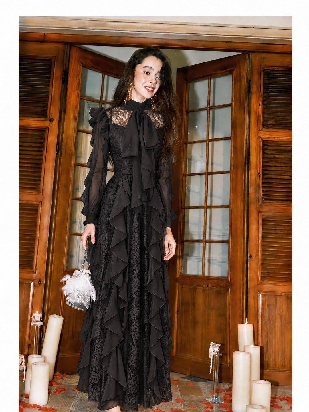 【Manor Lace】High Neck Tie Bow Lace Maxi Dress S030