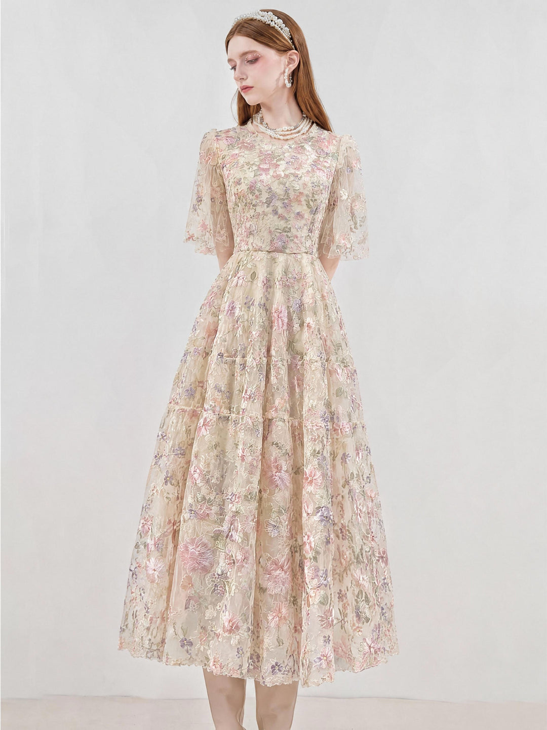 【Meadow Glow】Round Neck Floral Lace Waist Flared Maxi Dress S024