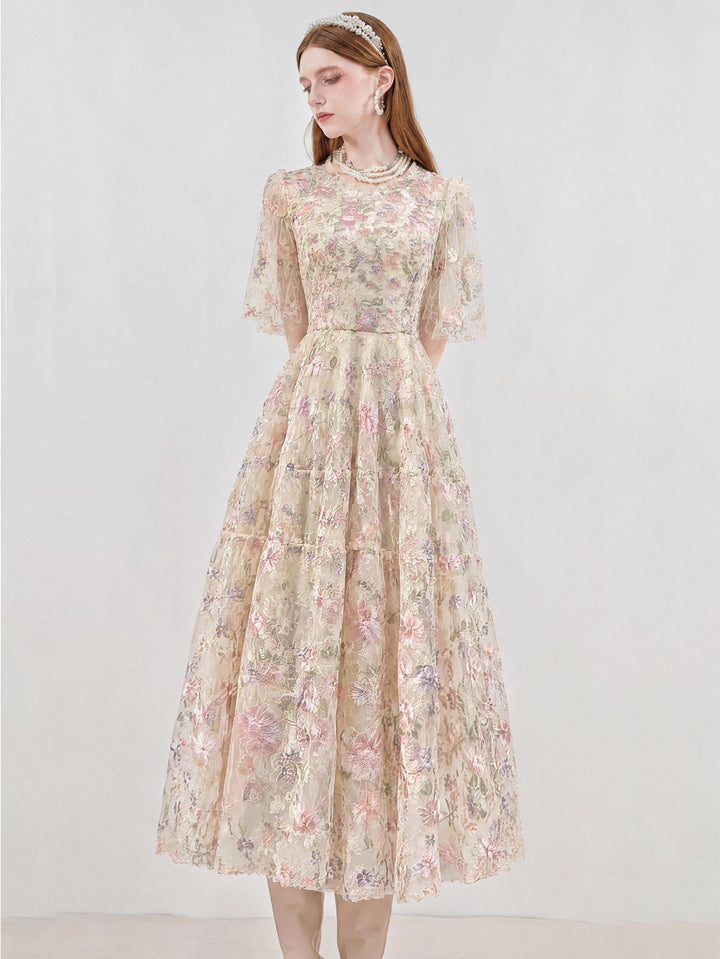 【Meadow Glow】Round Neck Floral Lace Waist Flared Maxi Dress S024