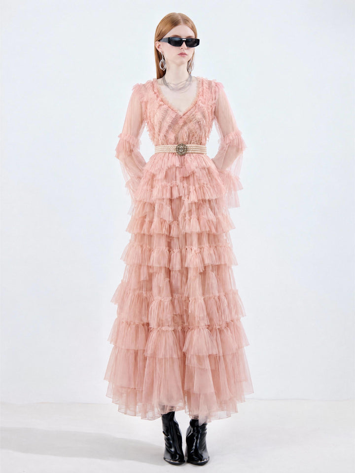 【Peach Mist Dream】Gradient Tulle Ruffled Dress, Women Puff Sleeve Tiered Mini &amp; Maxi Dress S015