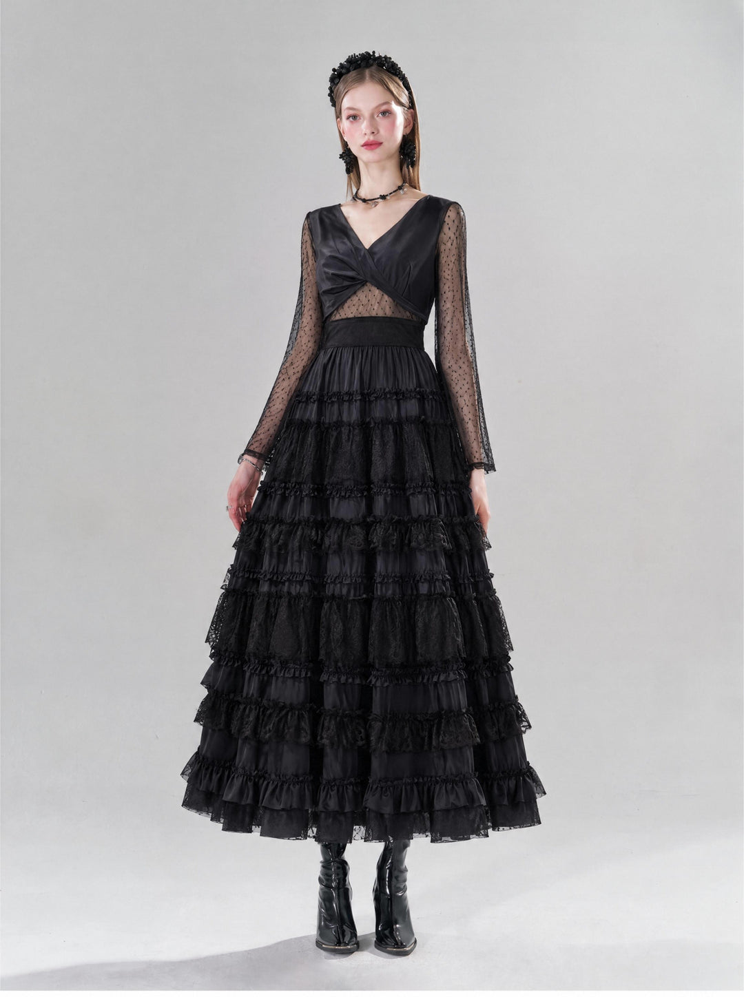 【Starry Banquet】Twist Waist Multi-layer Ruffle Long Dress Women Retro Vibe Evening Gown S018