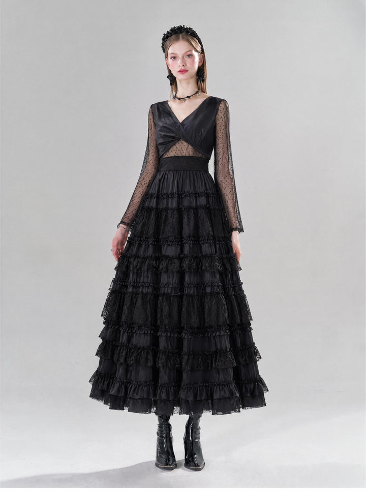 【Starry Banquet】Twist Waist Multi-layer Ruffle Long Dress Women Retro Vibe Evening Gown S018