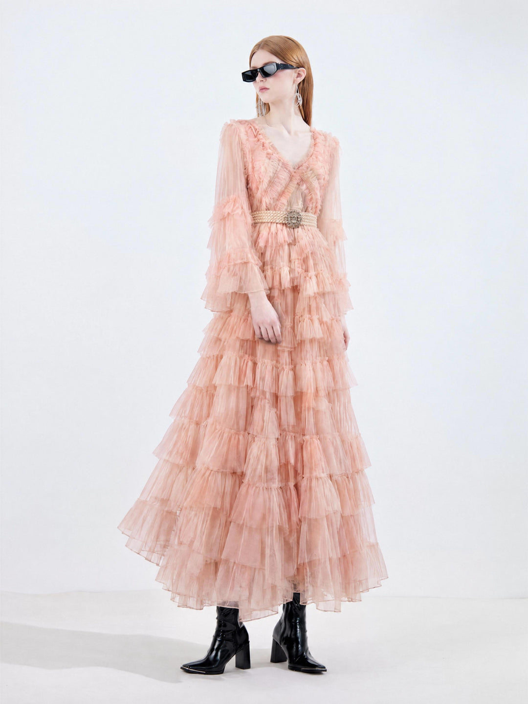 【Peach Mist Dream】Gradient Tulle Ruffled Dress, Women Puff Sleeve Tiered Mini &amp; Maxi Dress S015