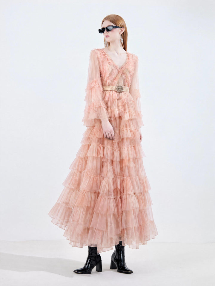【Peach Mist Dream】Gradient Tulle Ruffled Dress, Women Puff Sleeve Tiered Mini &amp; Maxi Dress S015