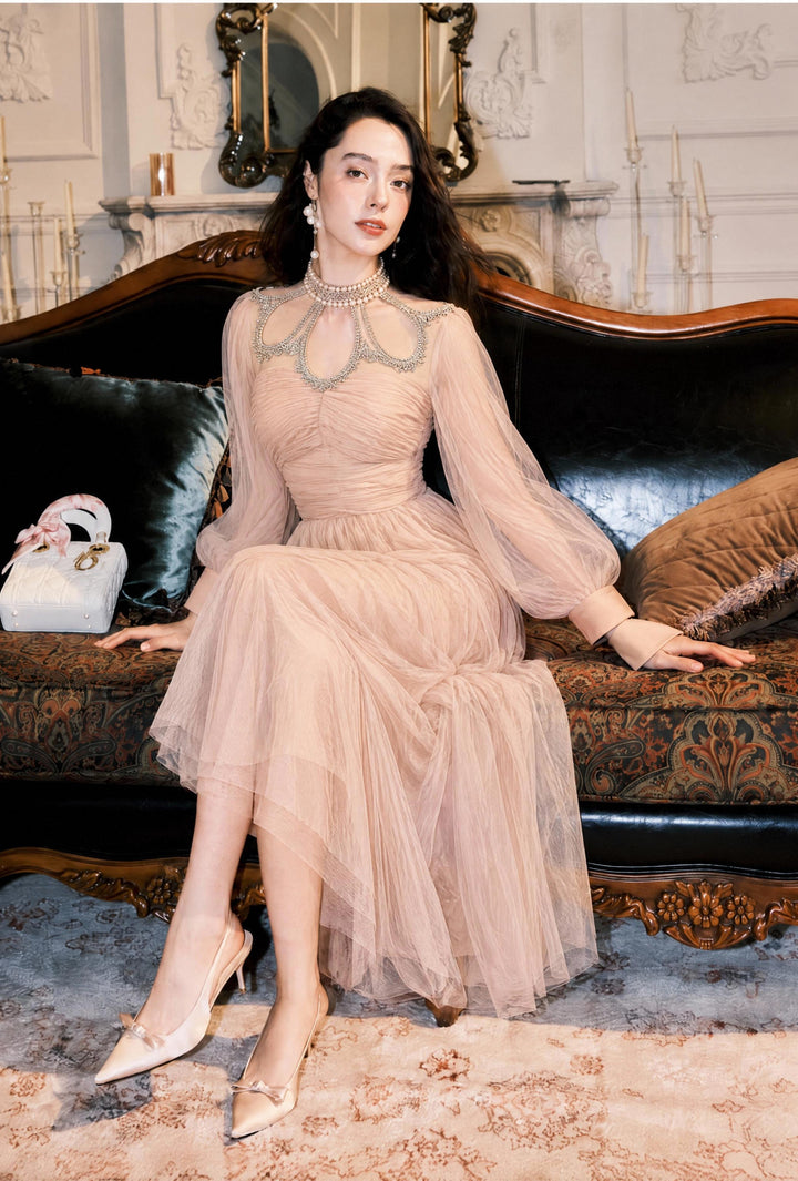 【Night Glow】Women Luxury Lace Patch Long Sleeve Ruched Tulle Maxi Dress S013