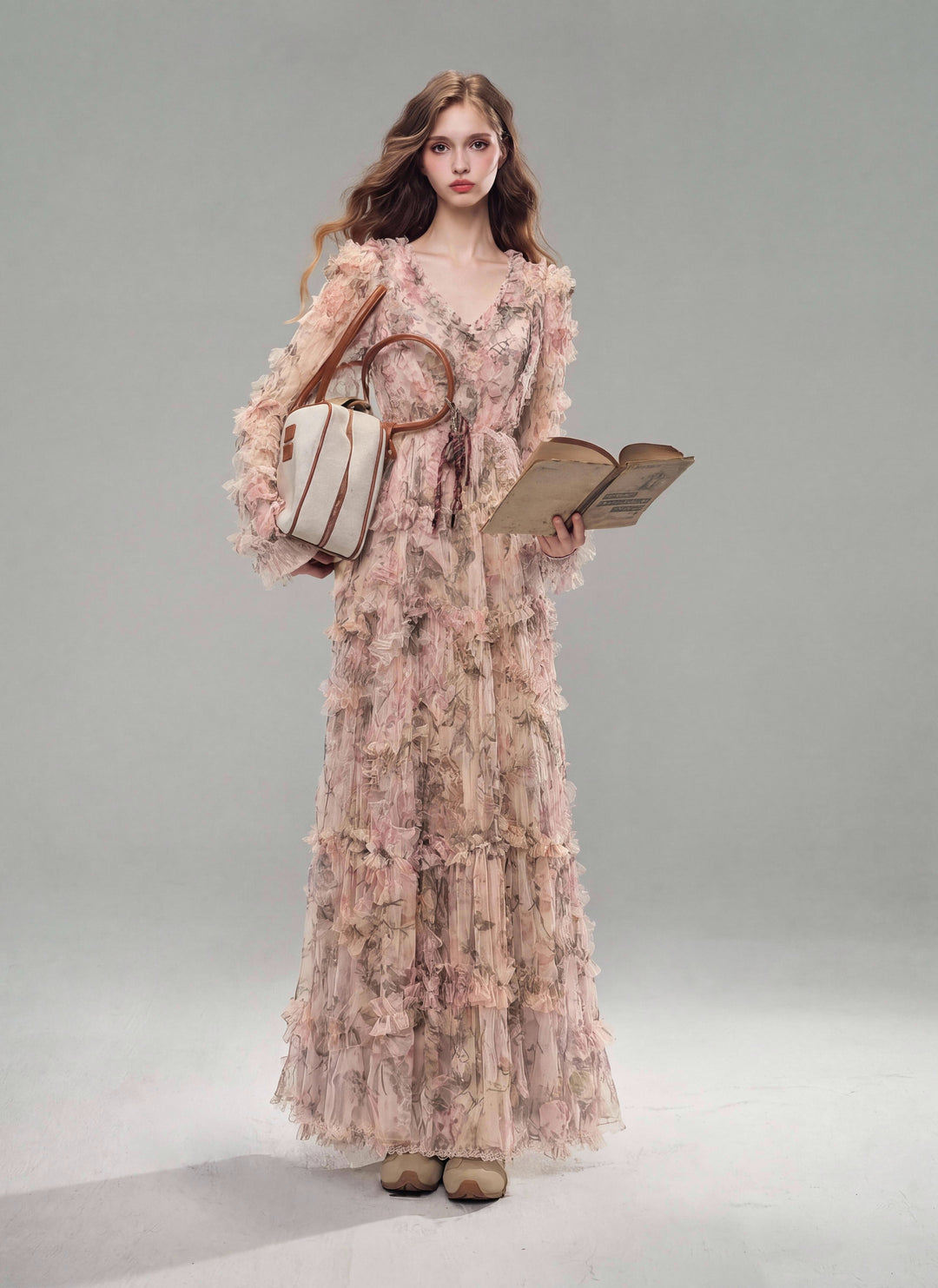 【Grove Mist】Long Sleeve Floral Lace Tiered Flared Dress S031
