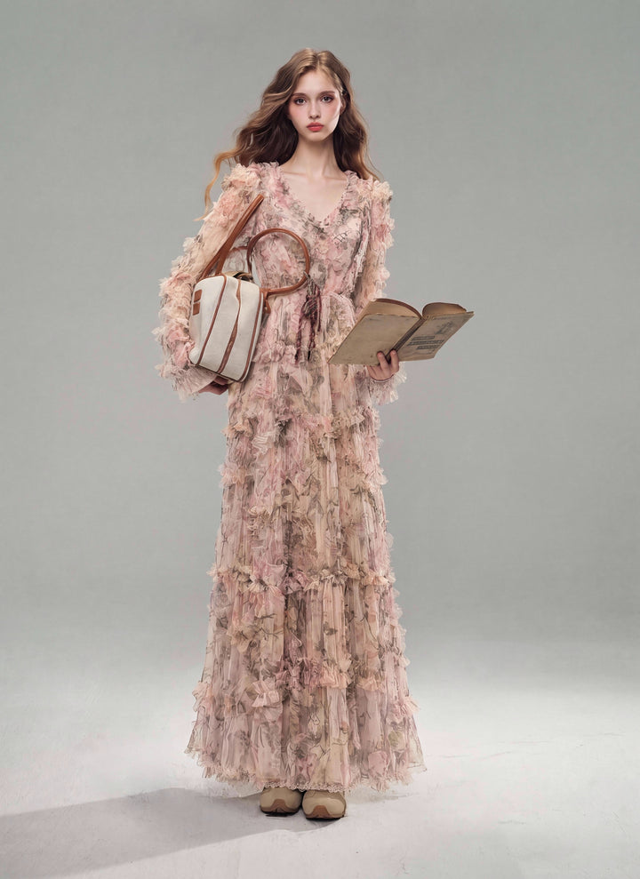 【Grove Mist】Long Sleeve Floral Lace Tiered Flared Dress S031