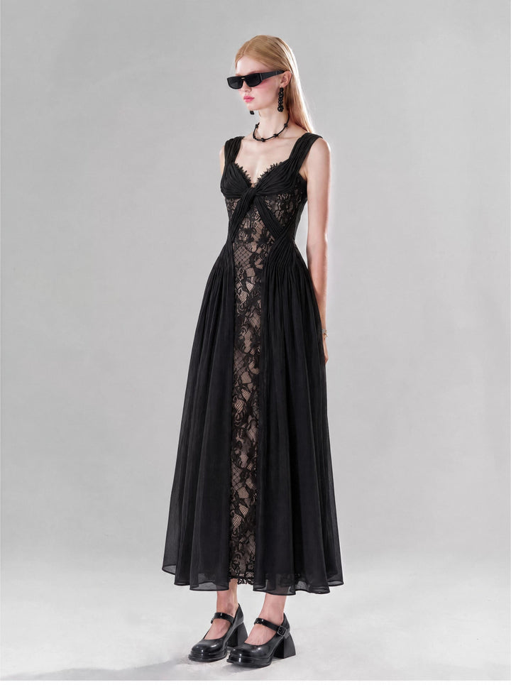 【Vibe Collection】Deep V Twist Lace Panel Tulle Dress Women High Waist Slim Long Dress S017