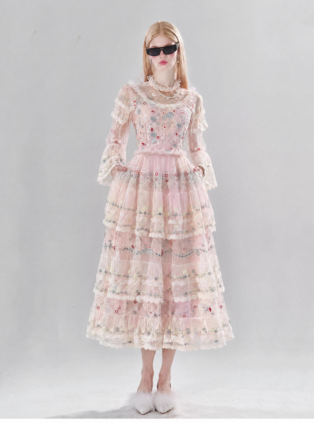 【Spring Letter】Women Floral Embroidery Mesh Long Dress, Flare Sleeve Tiered Party Gown S014