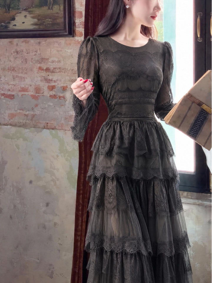 【Alley Robe】Retro Waist Lace Flared Long Dress S025