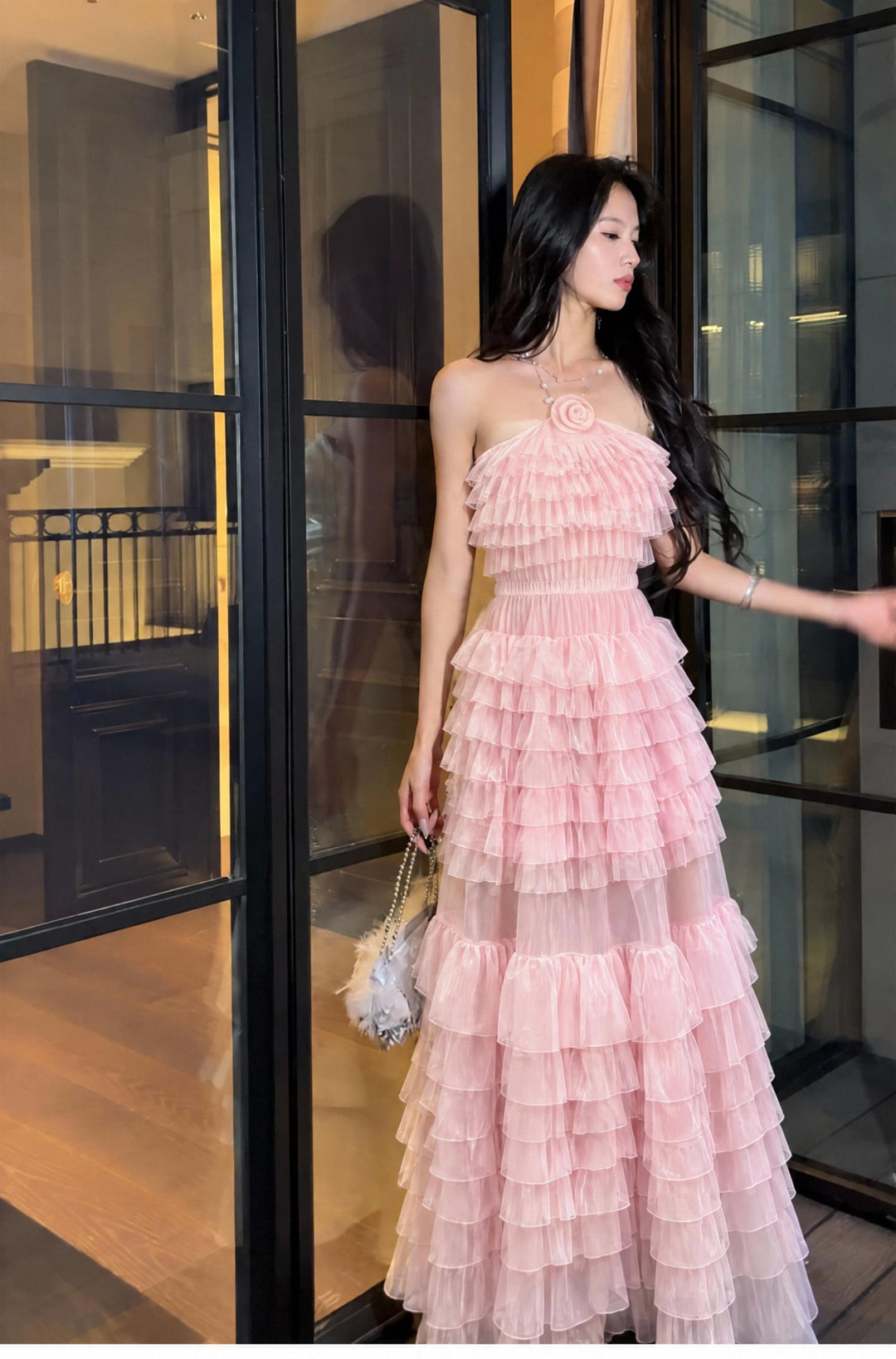 【Cloud Wander Notes】Women Halter Flower Decor Mesh Tiered Maxi Dress S011