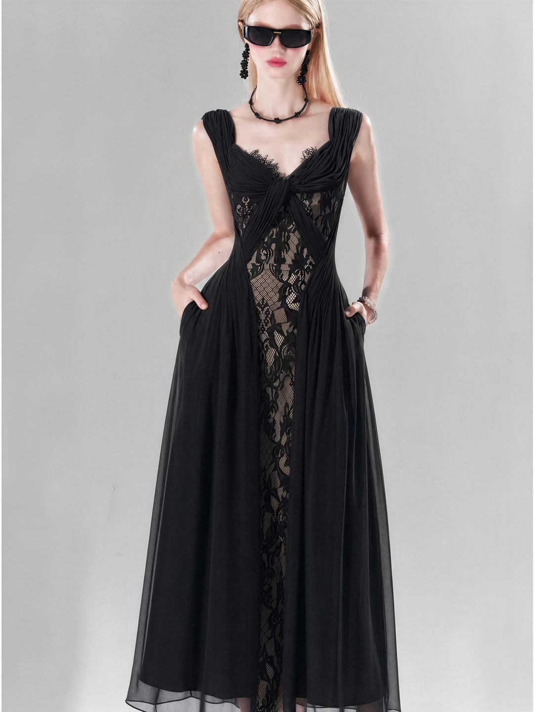 【Vibe Collection】Deep V Twist Lace Panel Tulle Dress Women High Waist Slim Long Dress S017