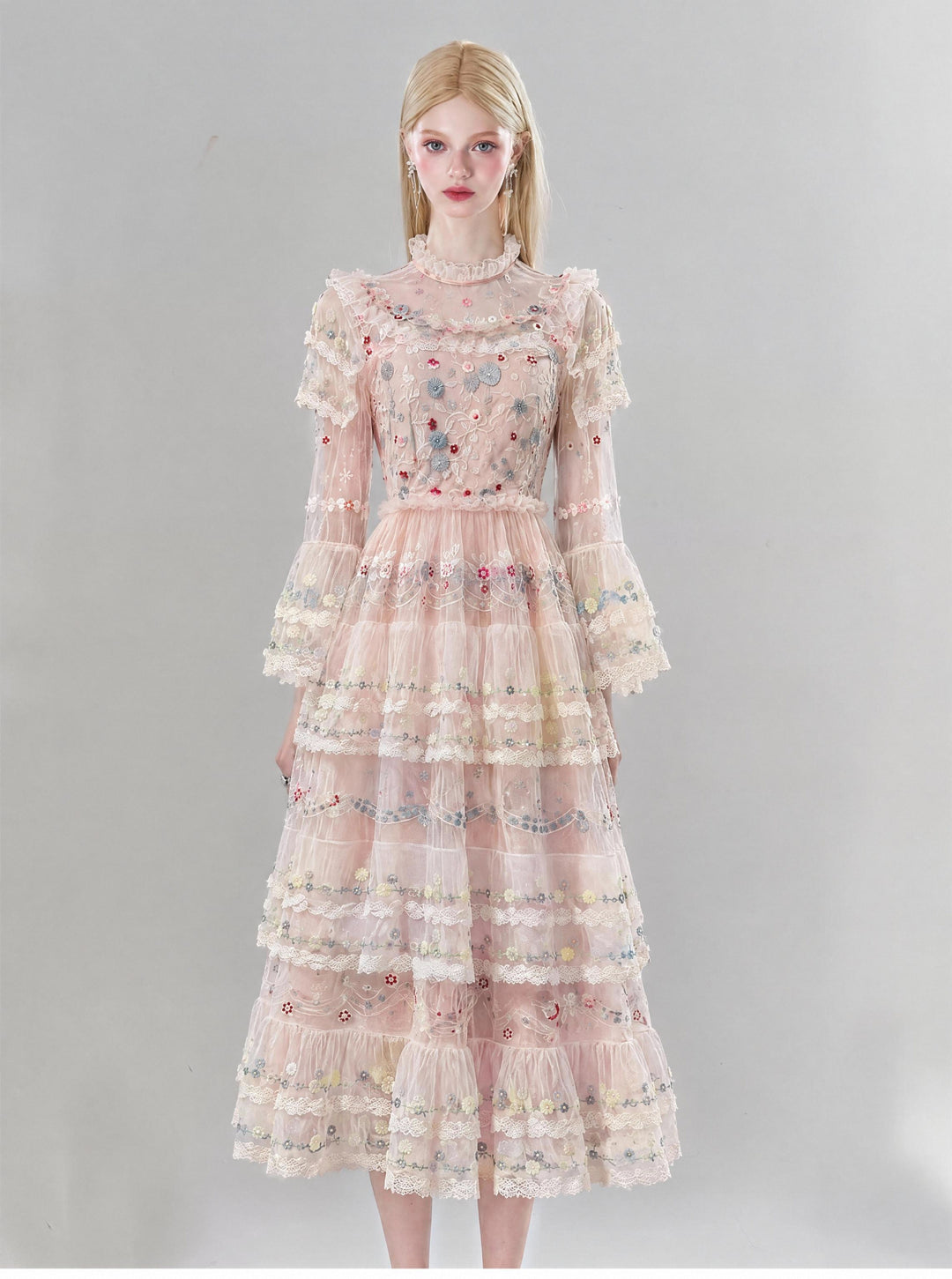 【Spring Letter】Women Floral Embroidery Mesh Long Dress, Flare Sleeve Tiered Party Gown S014