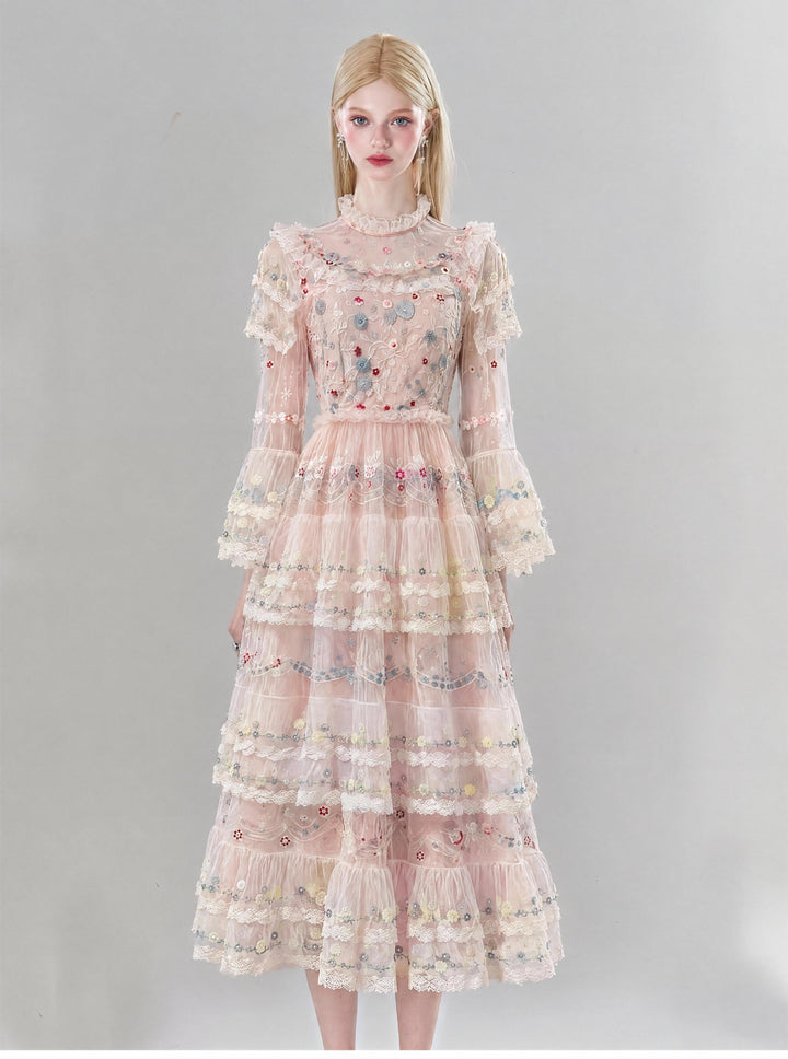 【Spring Letter】Women Floral Embroidery Mesh Long Dress, Flare Sleeve Tiered Party Gown S014