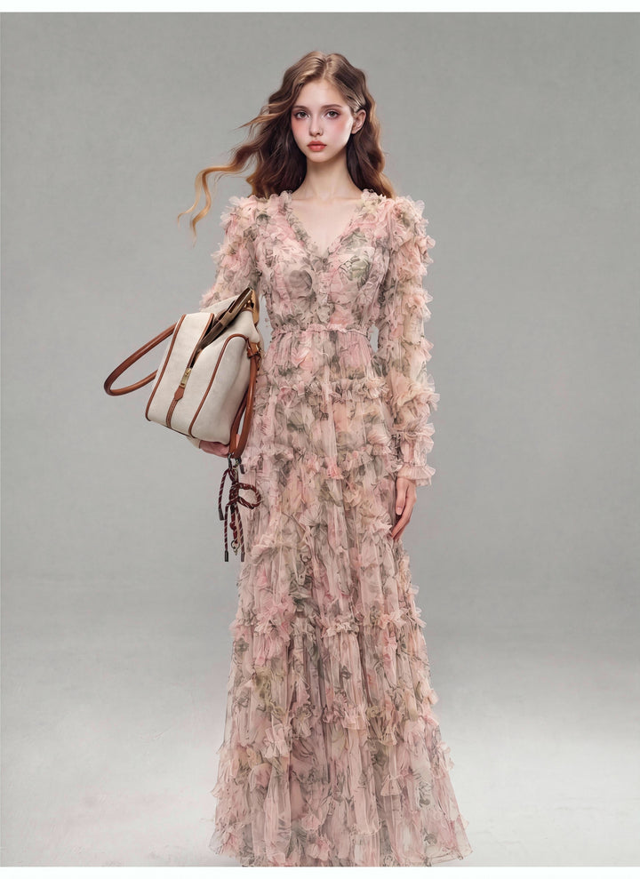 【Grove Mist】Long Sleeve Floral Lace Tiered Flared Dress S031