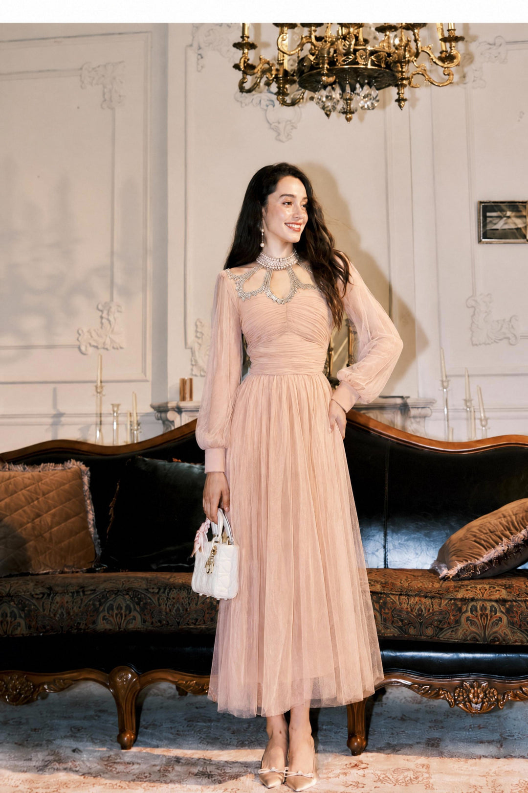 【Night Glow】Women Luxury Lace Patch Long Sleeve Ruched Tulle Maxi Dress S013