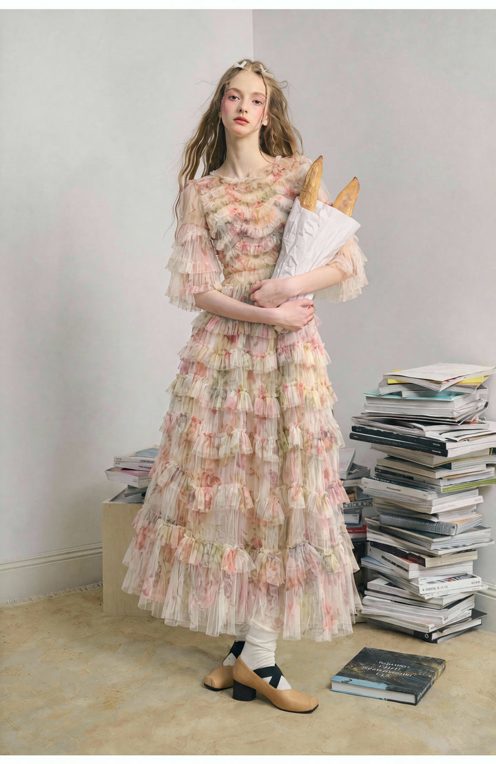 【Flowing Frill】Waist Ruffle Floral Flared Long Dress S028