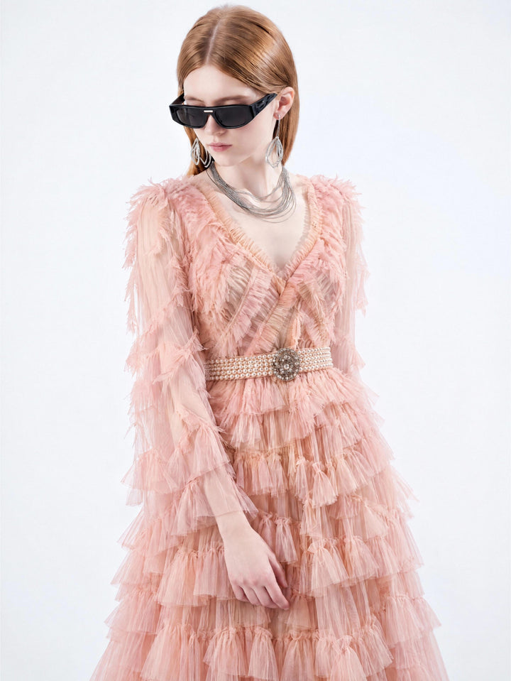 【Peach Mist Dream】Gradient Tulle Ruffled Dress, Women Puff Sleeve Tiered Mini &amp; Maxi Dress S015