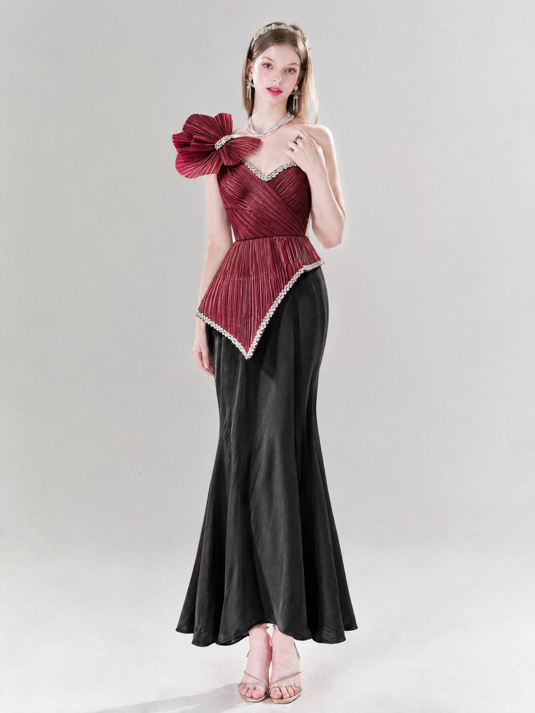 【Luxury Elegance Kollektion】Damen One-Shoulder-Abendkleid mit 3D-Blumen, figurbetontem Strass-Taille und Meerjungfrauen-Schnitt S006