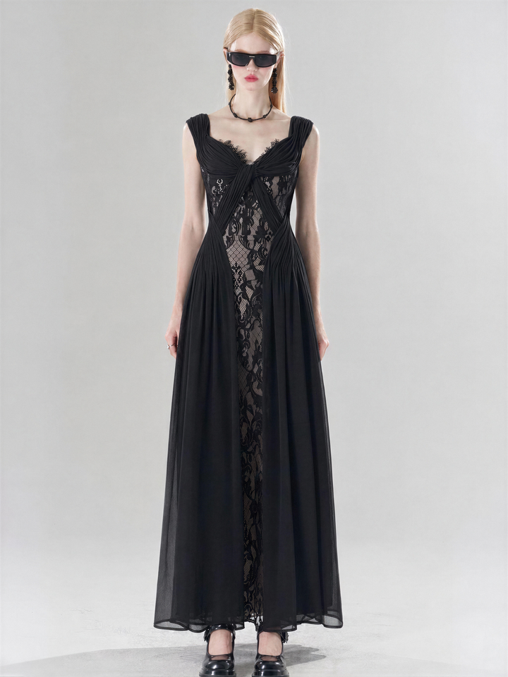【Vibe Collection】Deep V Twist Lace Panel Tulle Dress Women High Waist Slim Long Dress S017