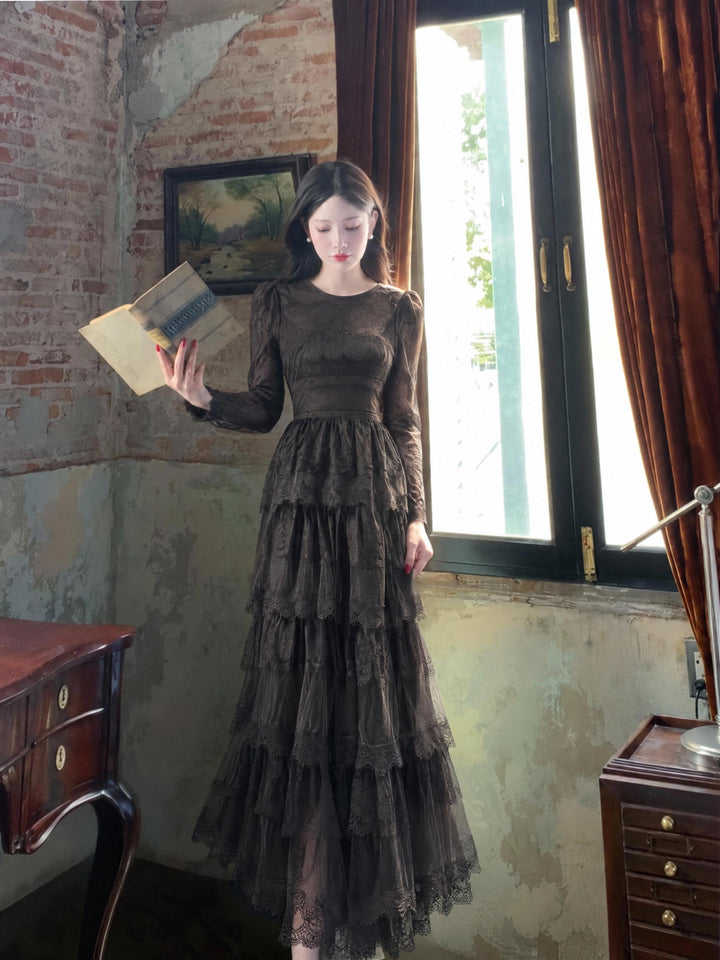 【Alley Robe】Retro Waist Lace Flared Long Dress S025