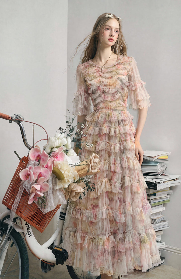 【Flowing Frill】Waist Ruffle Floral Flared Long Dress S028