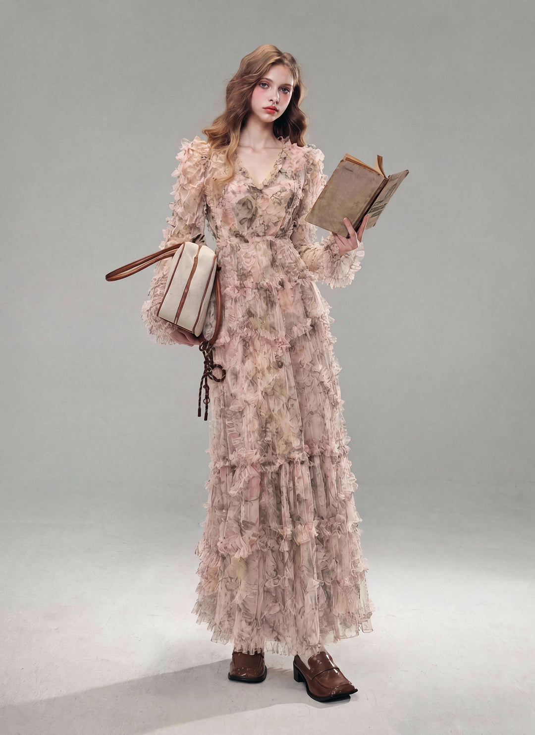 【Grove Mist】Long Sleeve Floral Lace Tiered Flared Dress S031