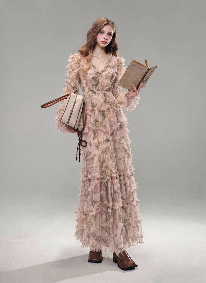 【Grove Mist】Long Sleeve Floral Lace Tiered Flared Dress S031