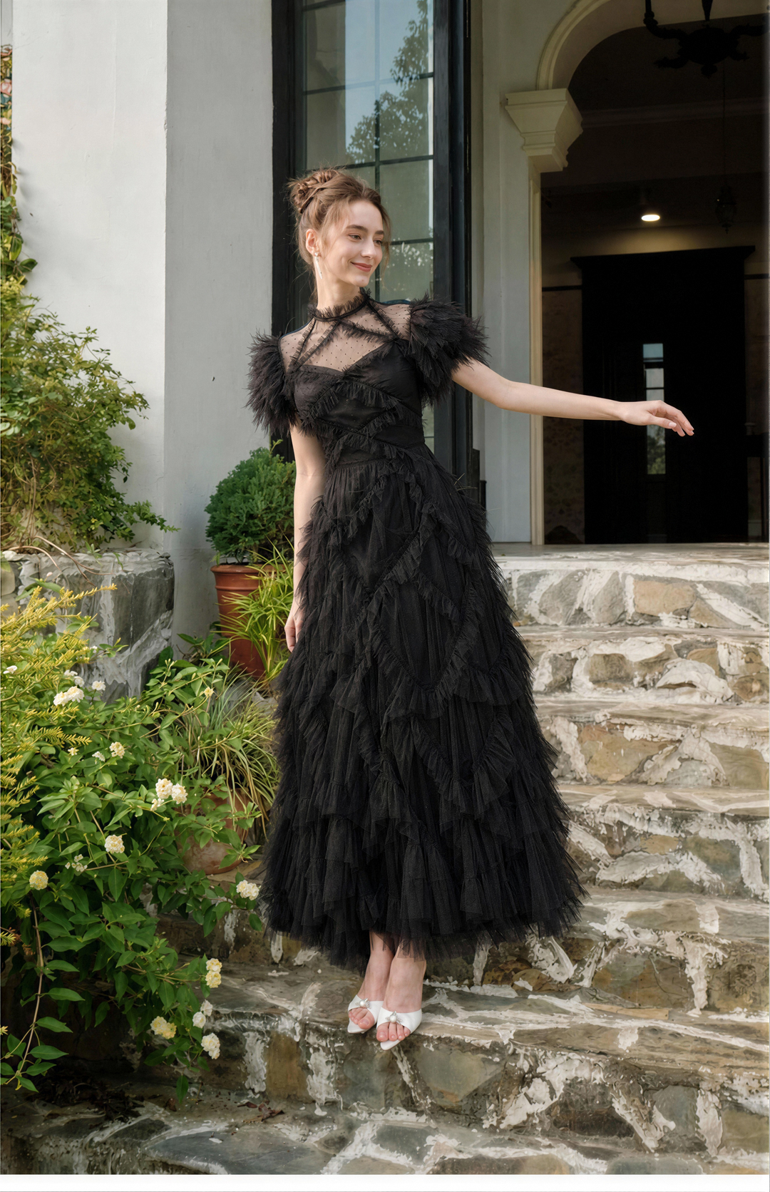 【Fluff Trim】Feather Edge Waist Tulle Dress S021