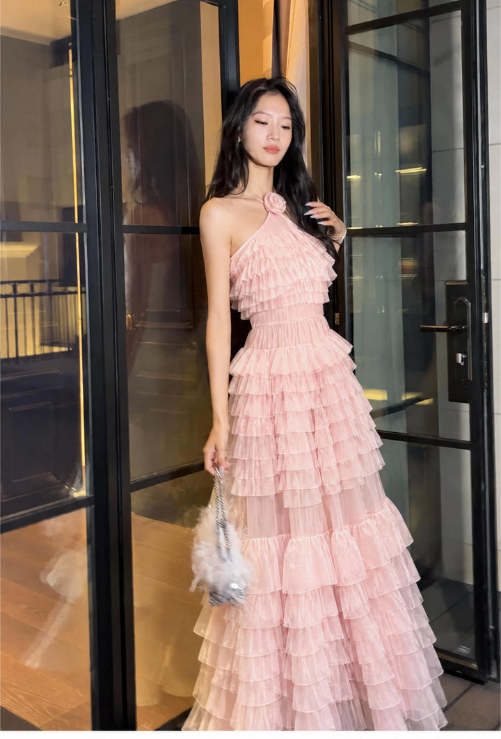 【Cloud Wander Notes】Women Halter Flower Decor Mesh Tiered Maxi Dress S011