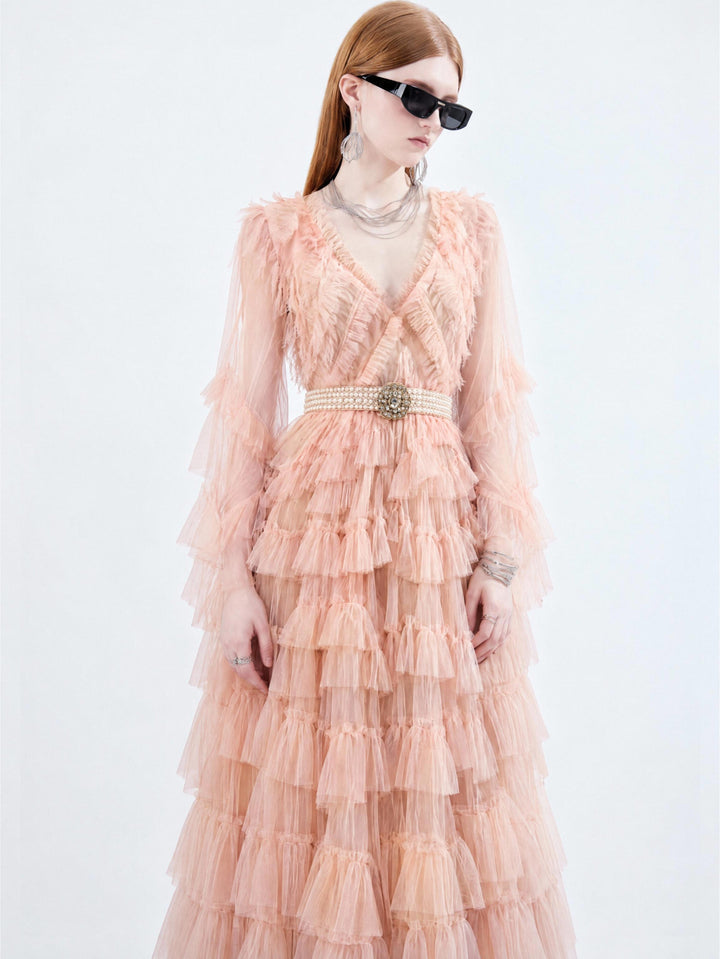【Peach Mist Dream】Gradient Tulle Ruffled Dress, Women Puff Sleeve Tiered Mini &amp; Maxi Dress S015