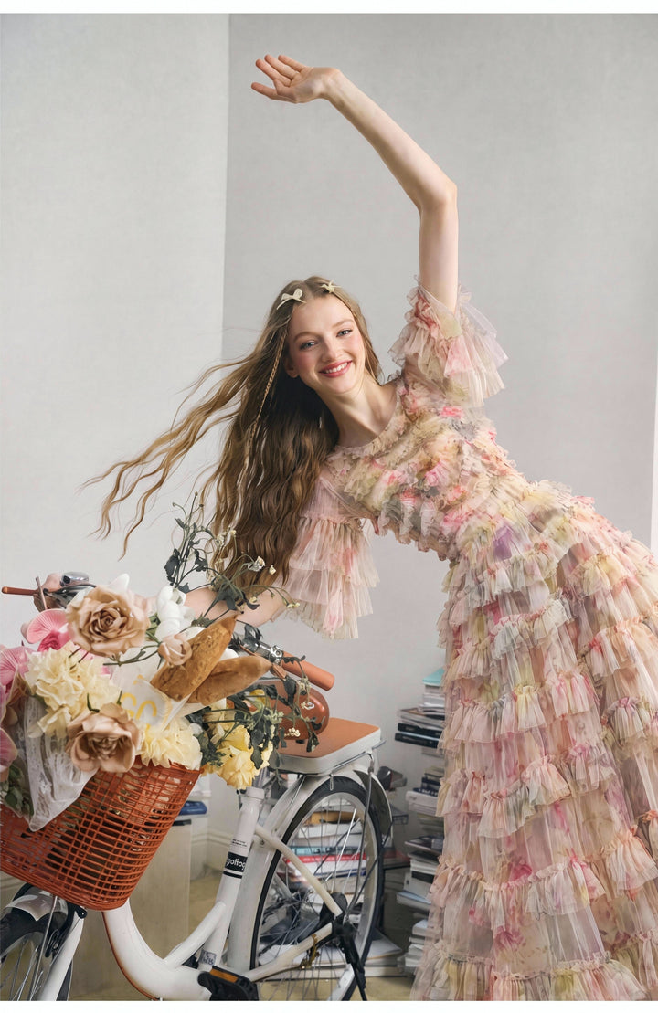【Flowing Frill】Waist Ruffle Floral Flared Long Dress S028