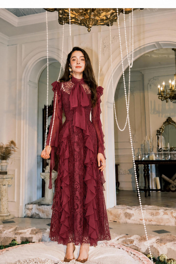 【Manor Lace】High Neck Tie Bow Lace Maxi Dress S030